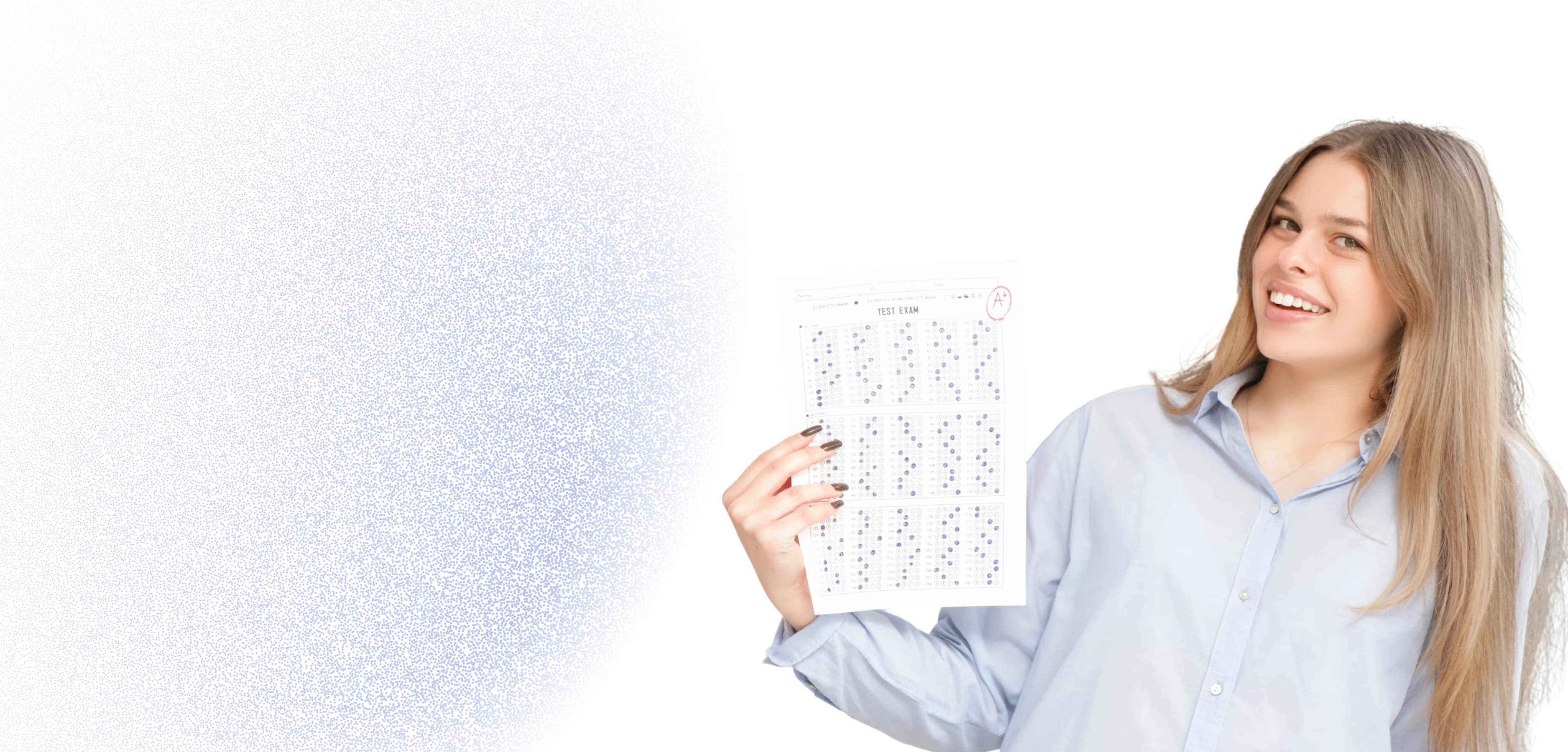 A student smiling while holding up a completed exam sheet marked A+
