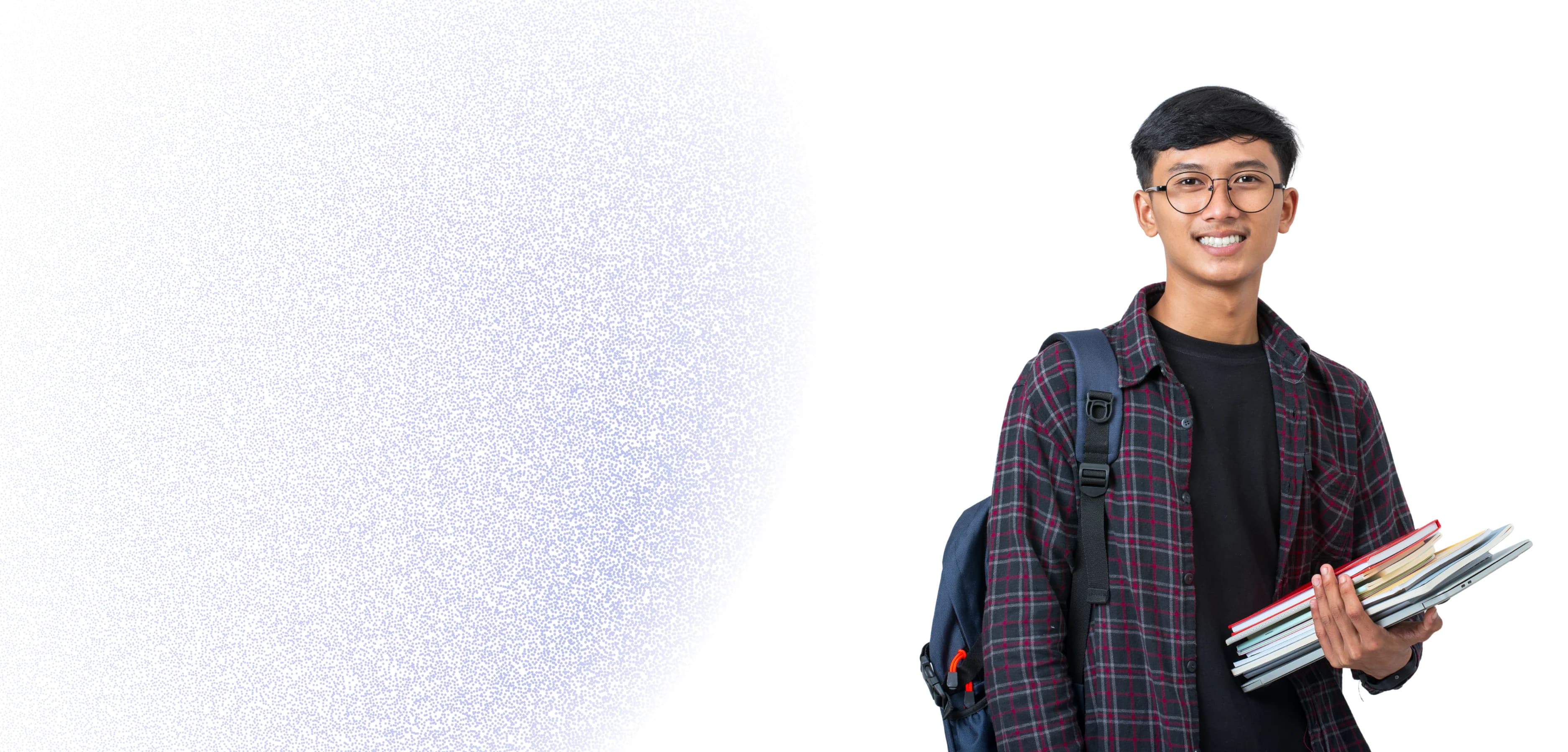 A student carrying a backpack and a stack of books, ready to study