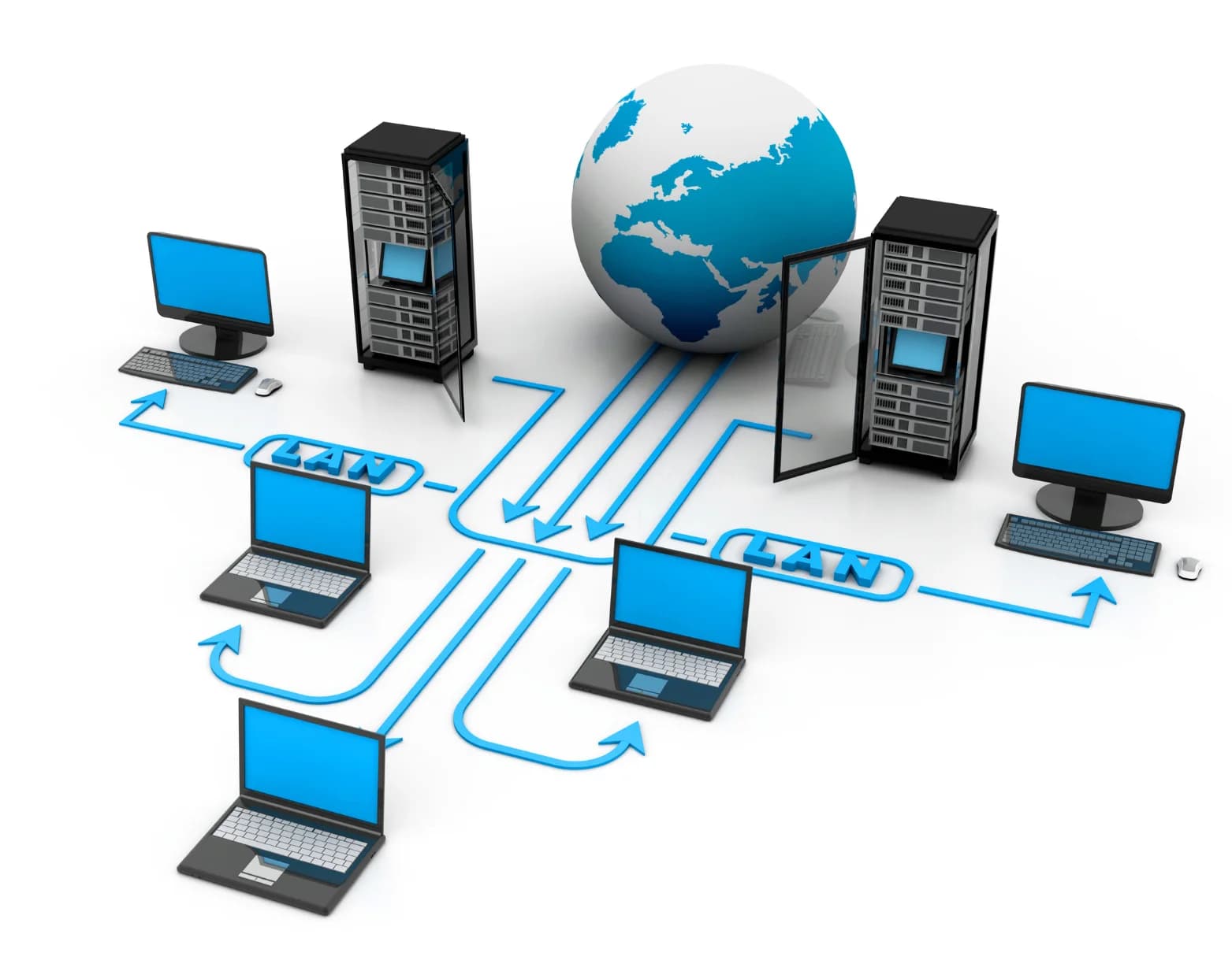 Illustration of a LAN network topology connecting workstations, laptops, and server racks to the internet